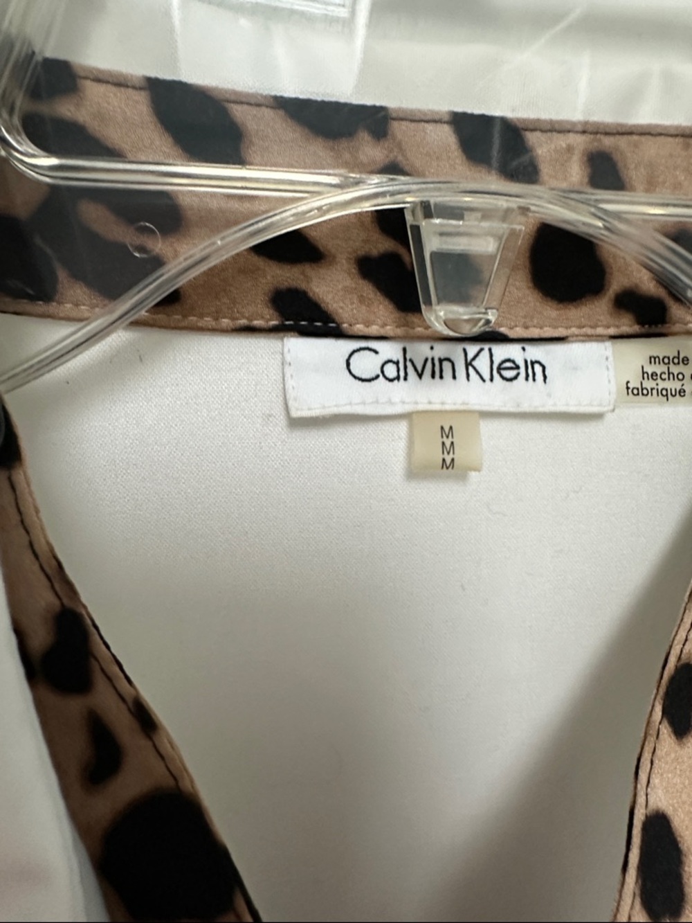 Calvin Klein White Button-Up Shirt with Leopard Trim Accent - Picture 2 of 7